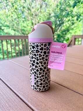 Owala Kids 16oz Wild One Insulated Straw Bottle Leopard Print with Pink Trim